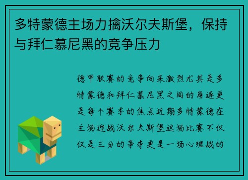多特蒙德主场力擒沃尔夫斯堡，保持与拜仁慕尼黑的竞争压力